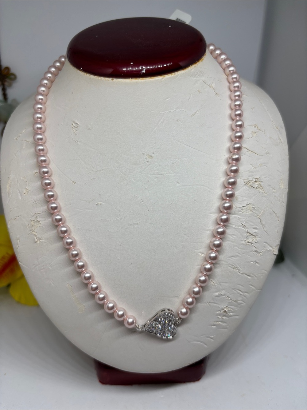 Elegant Pink Swarovski Pearl choker Necklace with pave Heart Pendant. 15”